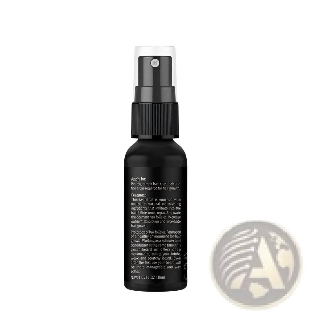 Black spray bottle with black nozzle and white cap labeled beard oil for beard growth liquid pure nourishing oil spray