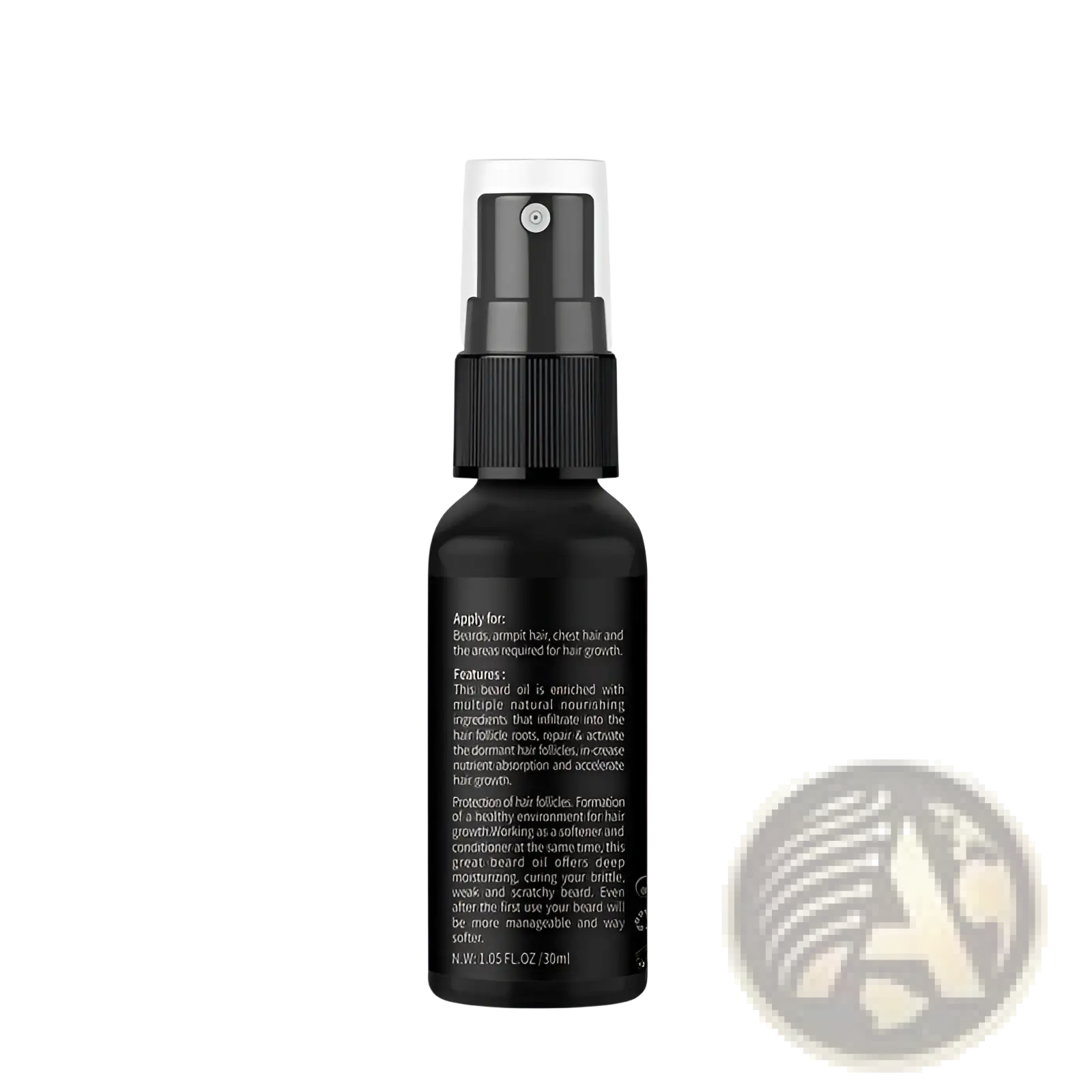 Black spray bottle with black nozzle and white cap labeled beard oil for beard growth liquid pure nourishing oil spray