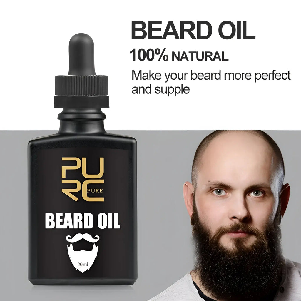 Black rectangular bottle of purc beard growth liquid pure nourishing oil spray with black dropper cap and gold 100% natural lettering