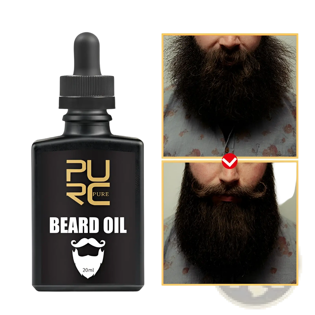 Black glass bottle with gold and white labeling and black dropper cap for beard growth liquid pure nourishing oil spray