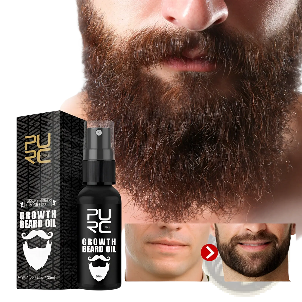 Black spray bottle of pure growth beard oil with black and gold box for nourishing beard growth liquid spray
