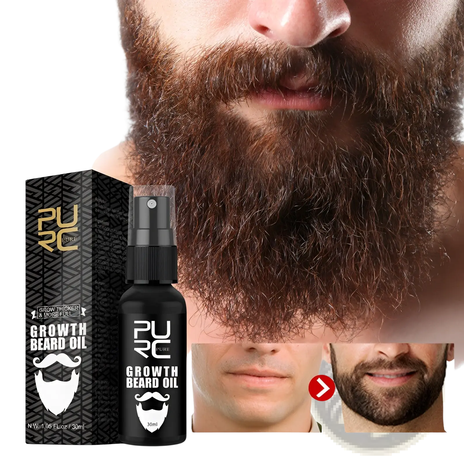 Black spray bottle of pure growth beard oil with black and gold box for nourishing beard growth liquid spray