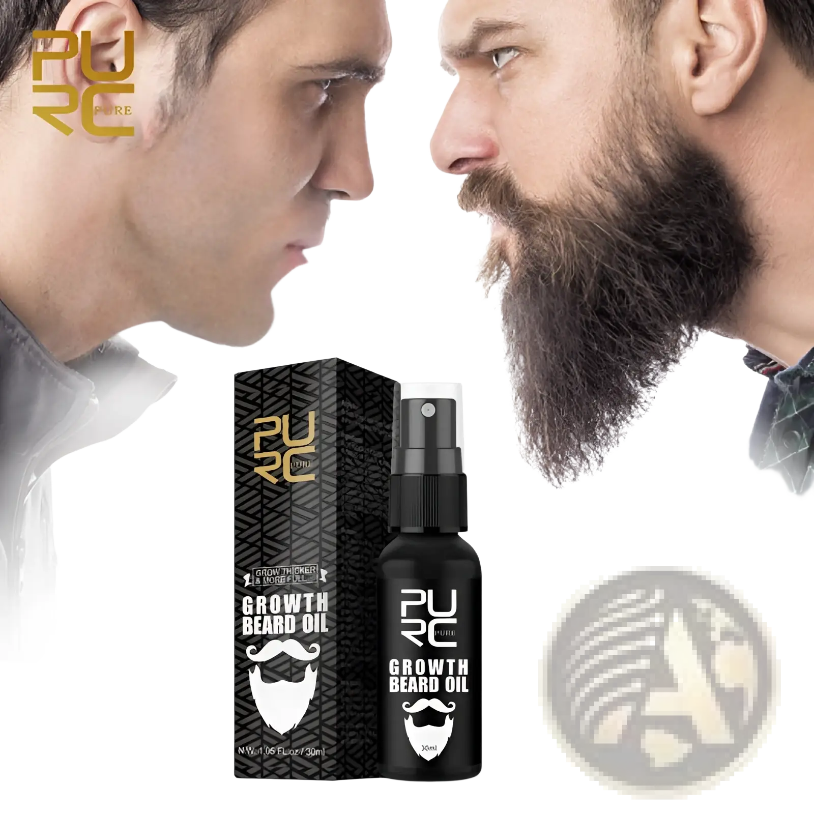 Black spray bottle of pure growth beard oil with matching black box featuring gold lettering and white beard icon