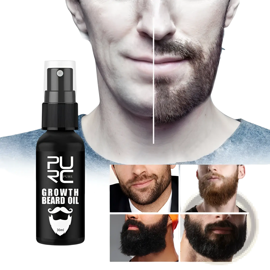 Black spray bottle of pure growth beard oil 30ml with black pump and white label featuring brand name and beard icon