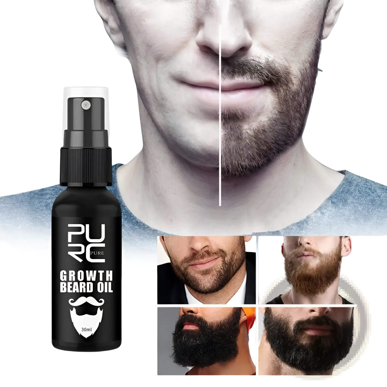 Black spray bottle of pure growth beard oil 30ml with black pump and white label featuring brand name and beard icon
