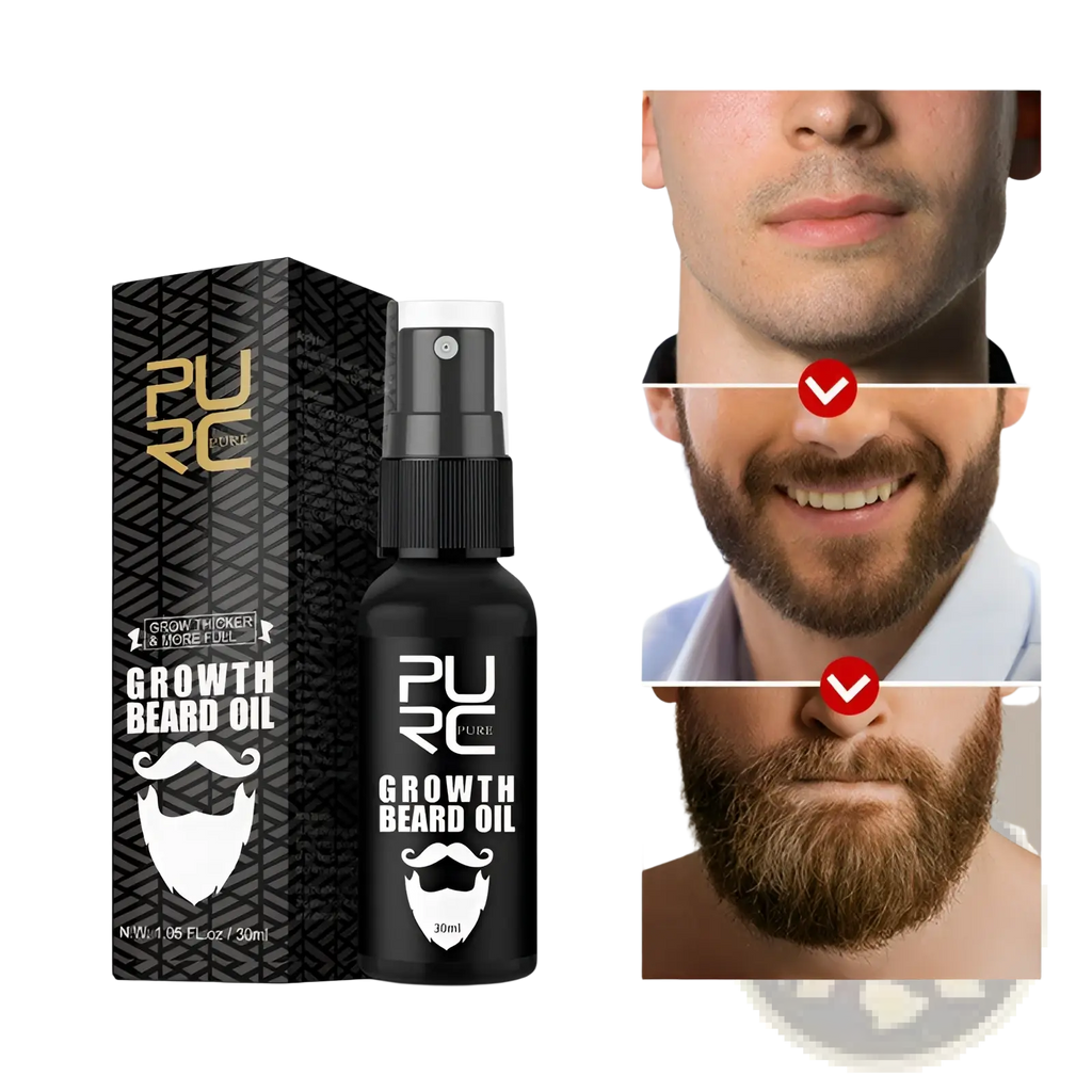 Black spray bottle of beard growth liquid pure nourishing oil spray with white beard logo and gold lettering beside black box