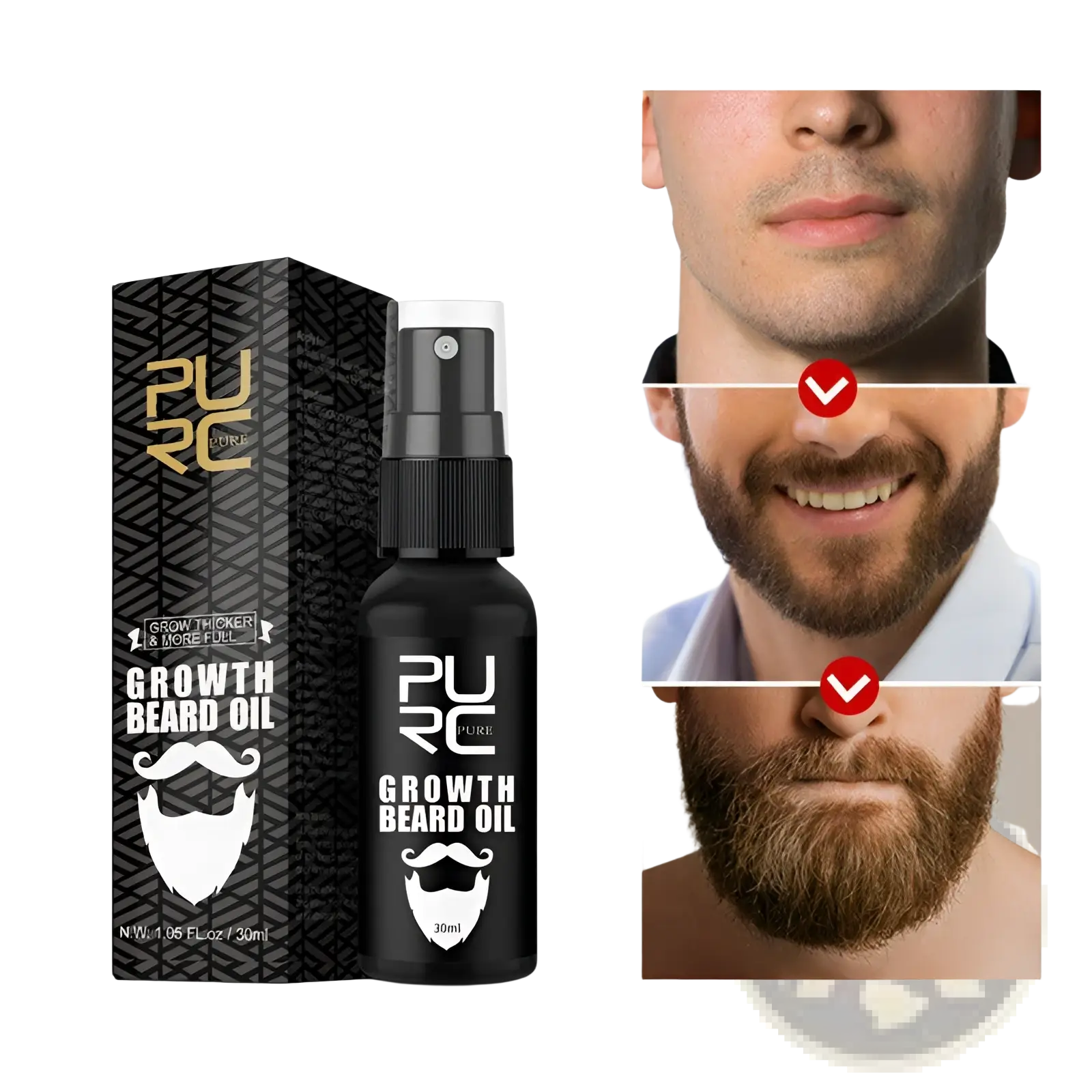 Black spray bottle of beard growth liquid pure nourishing oil spray with white beard logo and gold lettering beside black box