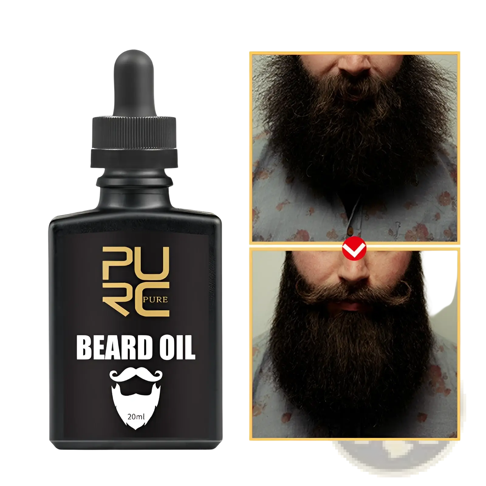 Black glass bottle of pure beard oil with gold and white label and black dropper cap for nourishing beard growth