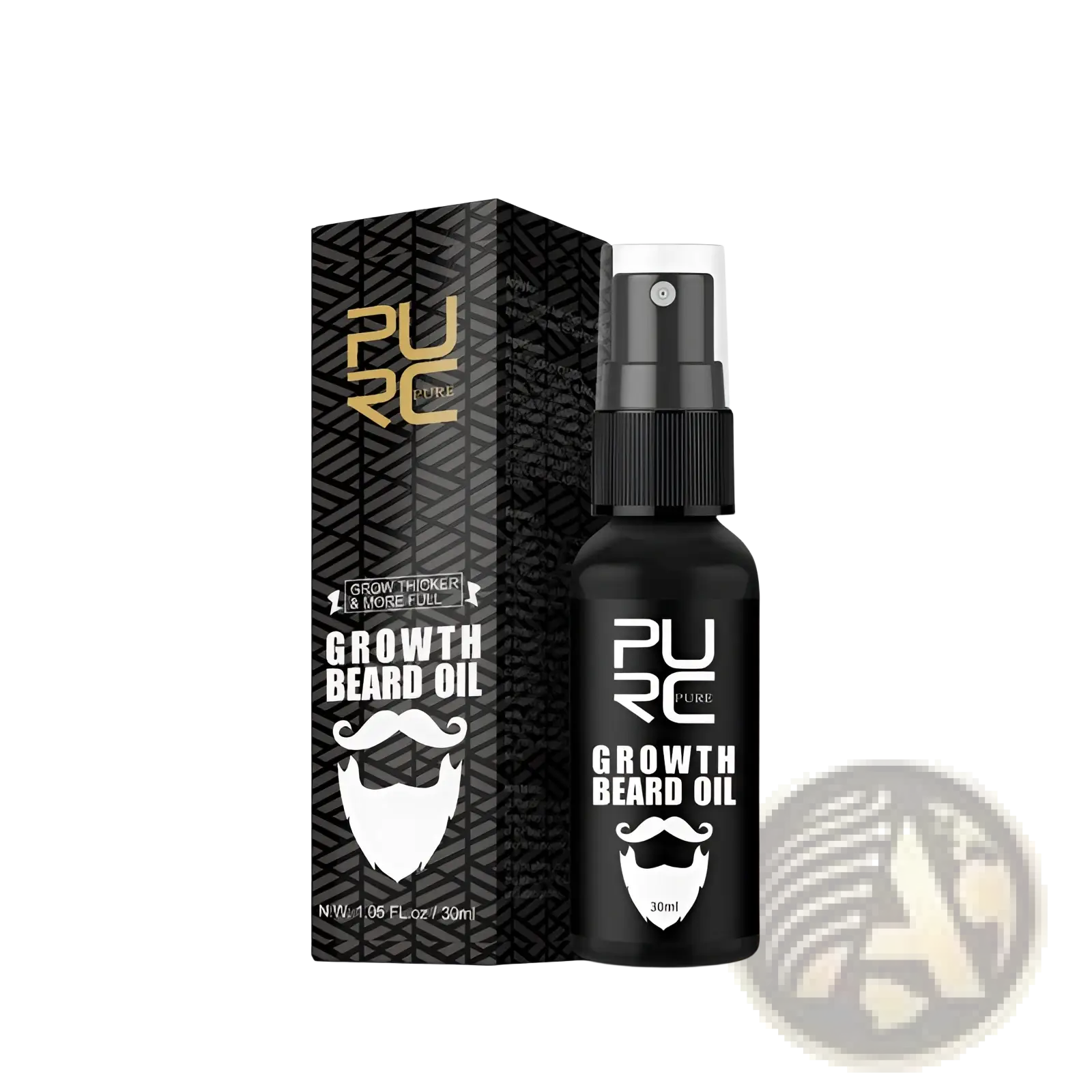 Black spray bottle of pure nourishing beard growth oil with white beard logo and matching black box with gold lettering