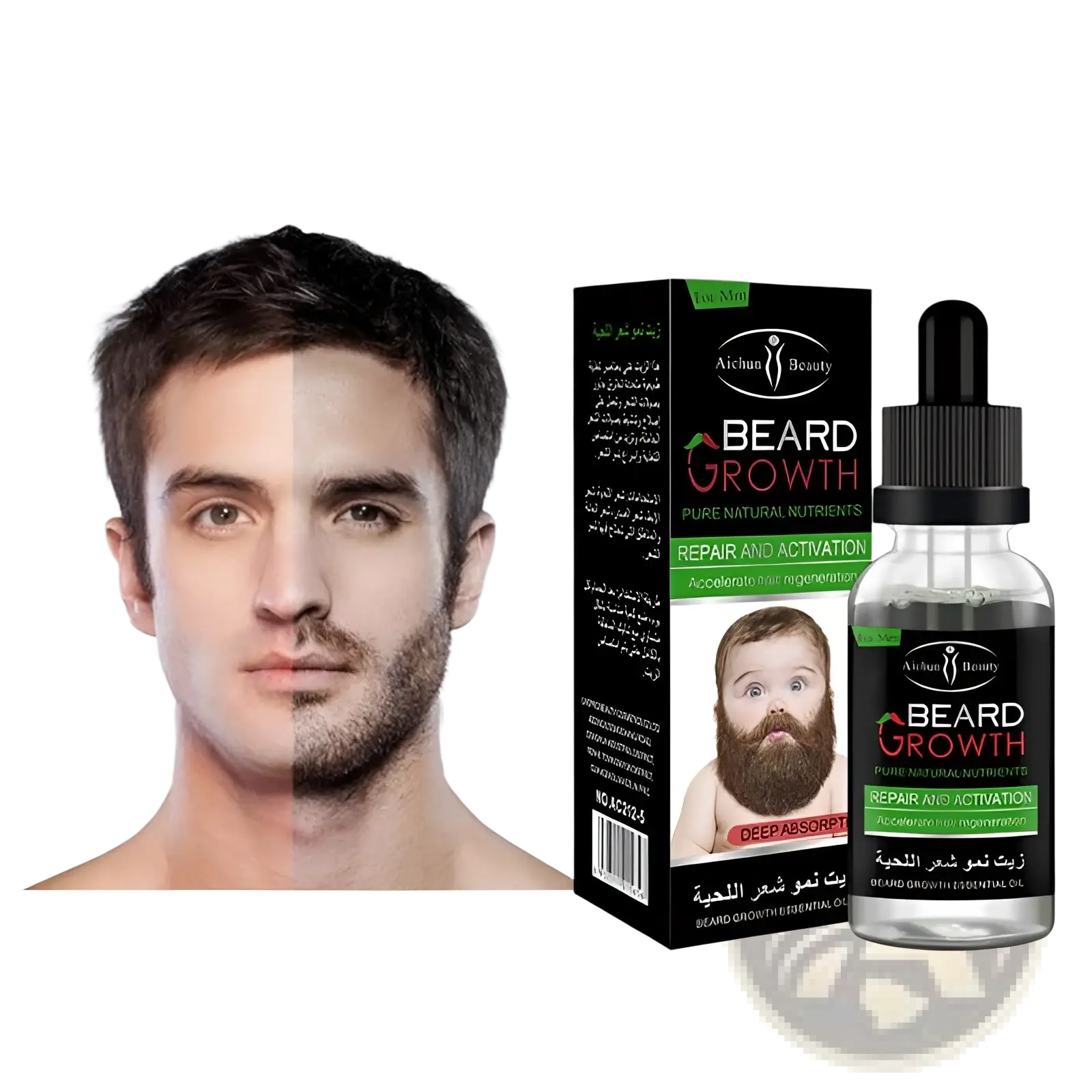 Beard growth oil in a clear glass dropper bottle with black cap and black and green label for natural repair care