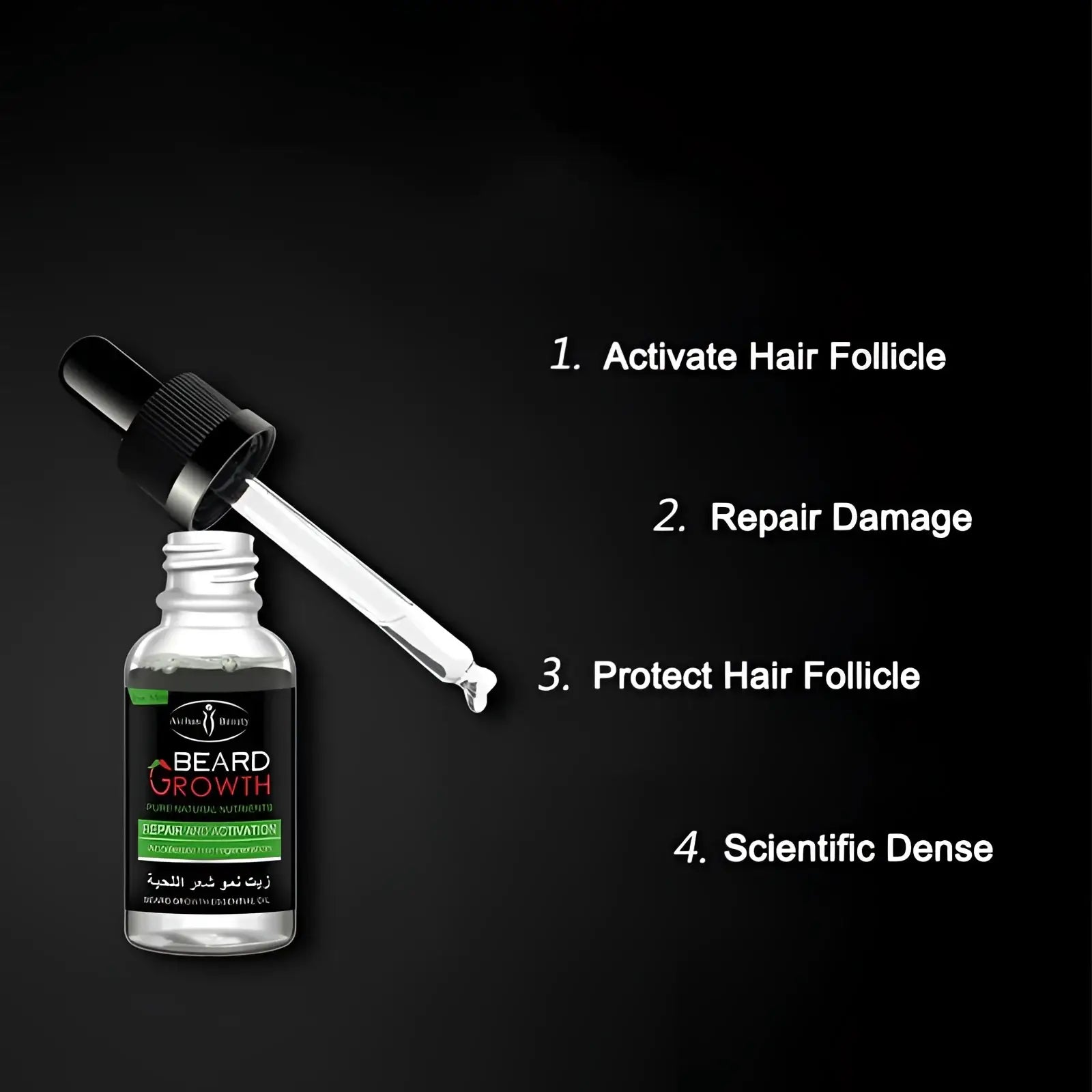 A clear glass bottle with a black dropper cap containing beard growth oil for natural repair and nourishing care