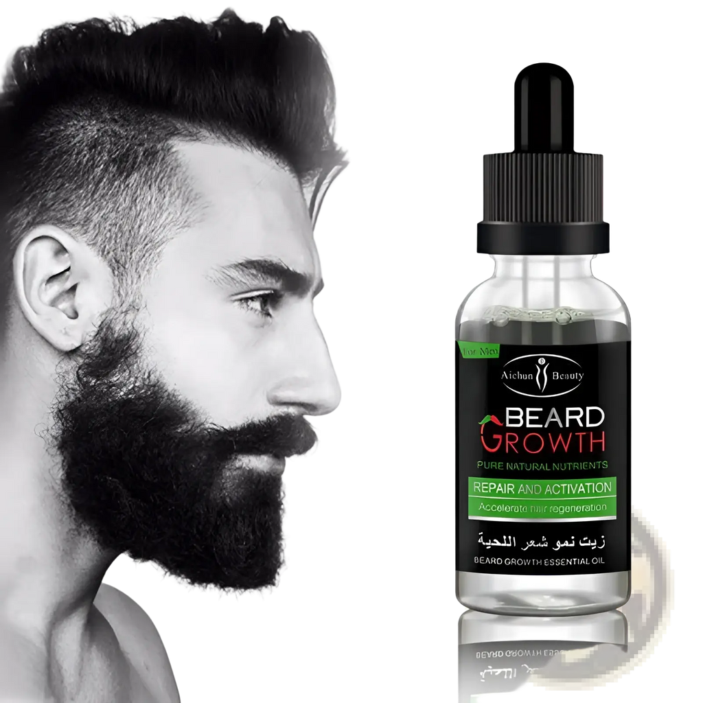 A clear glass bottle with black dropper cap containing beard growth oil for natural repair and nourishing care