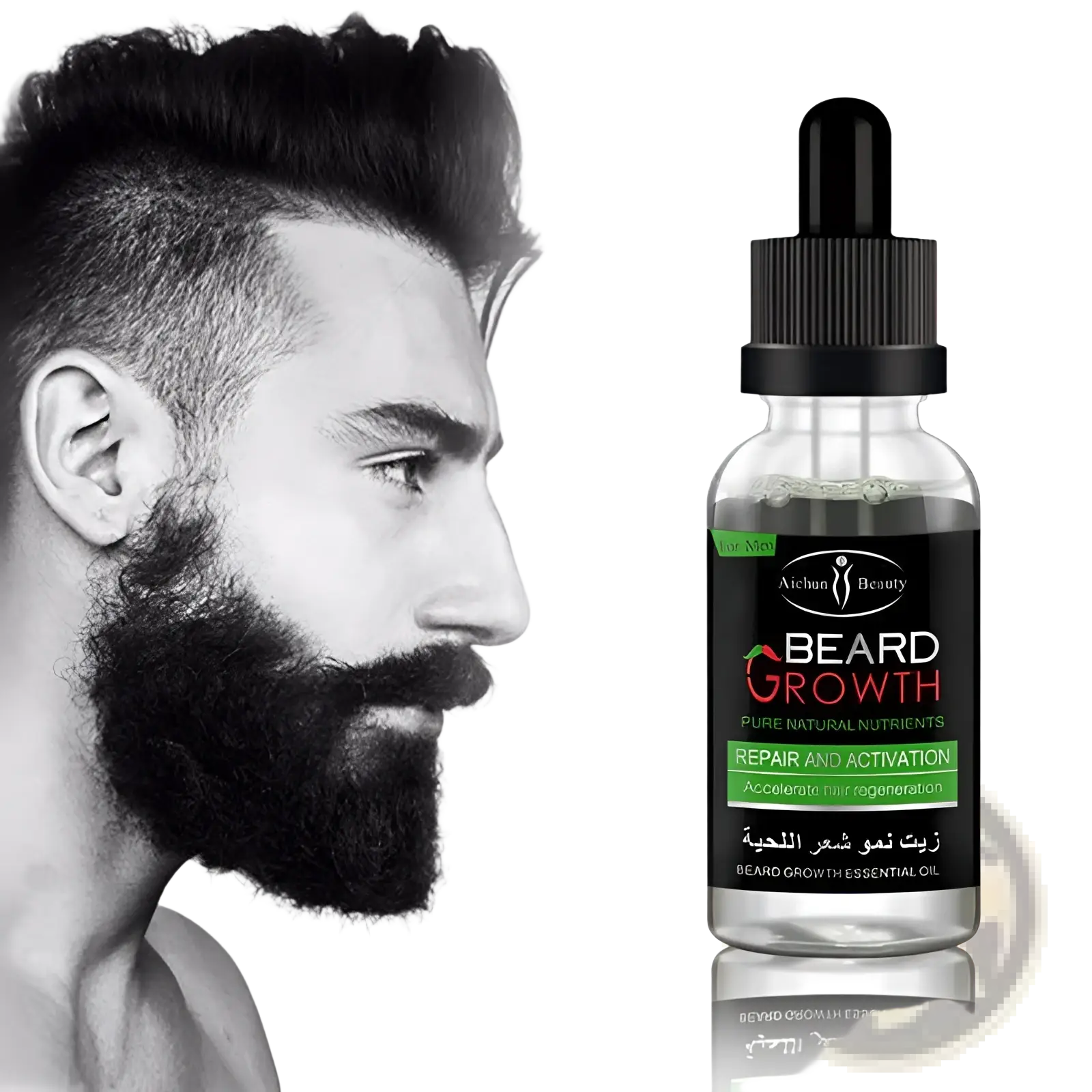 A clear glass bottle with black dropper cap containing beard growth oil for natural repair and nourishing care