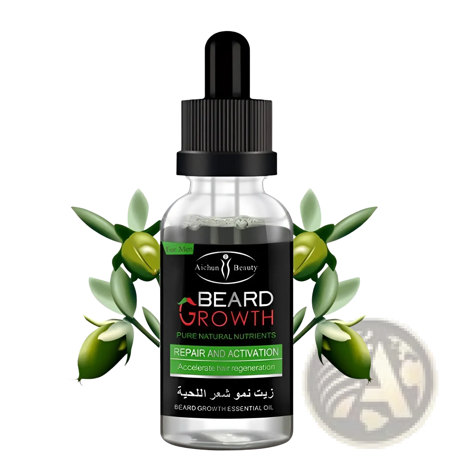 A clear glass bottle with black dropper cap containing beard growth oil for natural repair and nourishing care