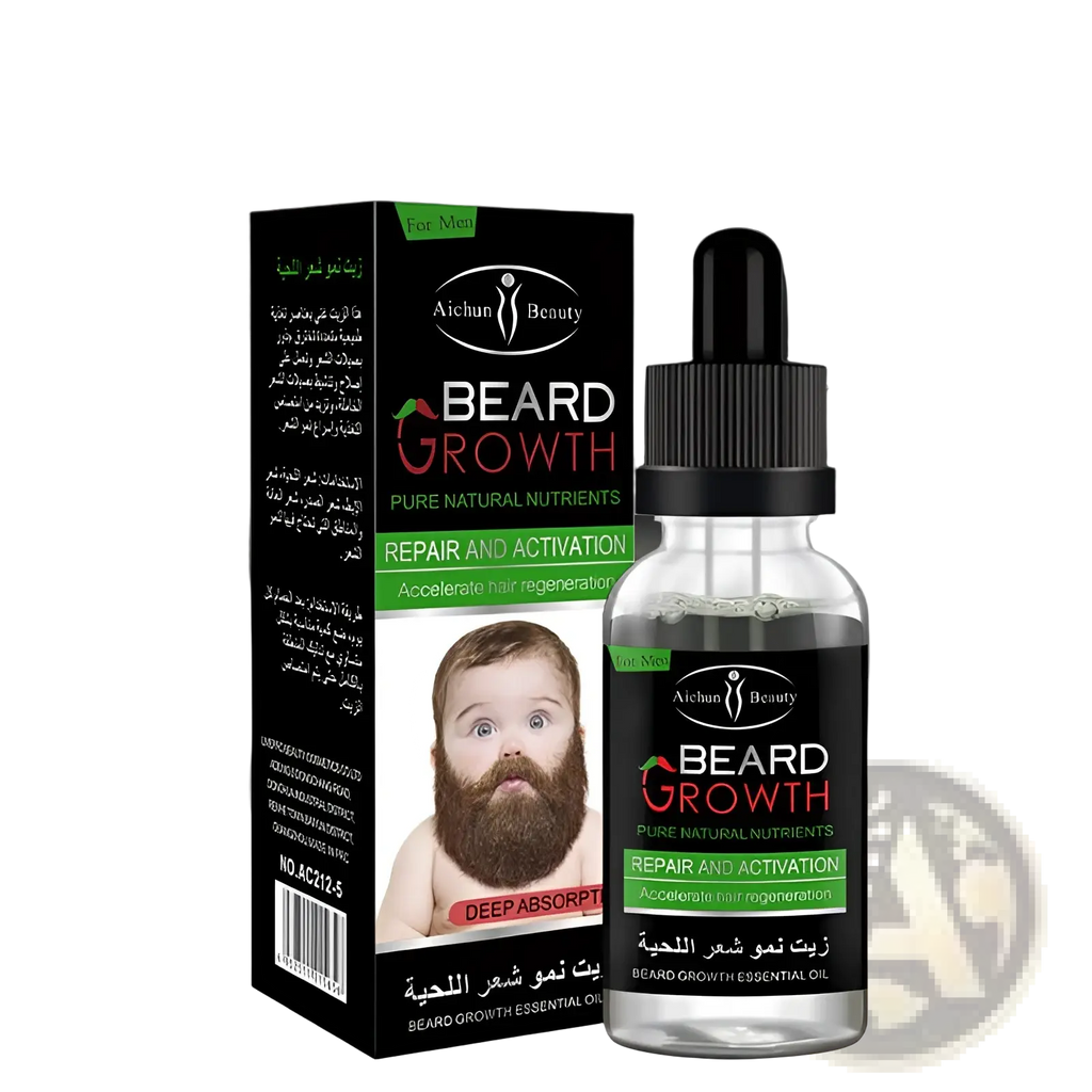 Black glass dropper bottle with clear liquid and black cap labeled Aichun Beauty beard growth essential oil next to box