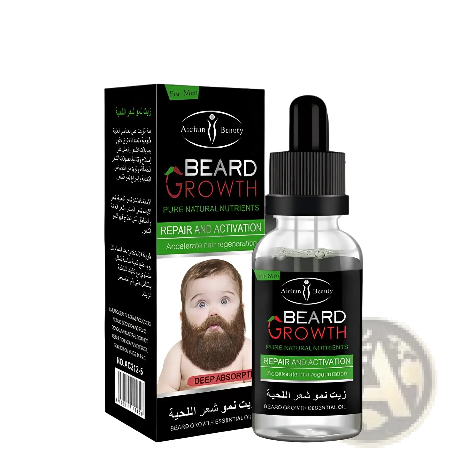 Black glass dropper bottle with clear liquid and black cap labeled Aichun Beauty beard growth essential oil next to box