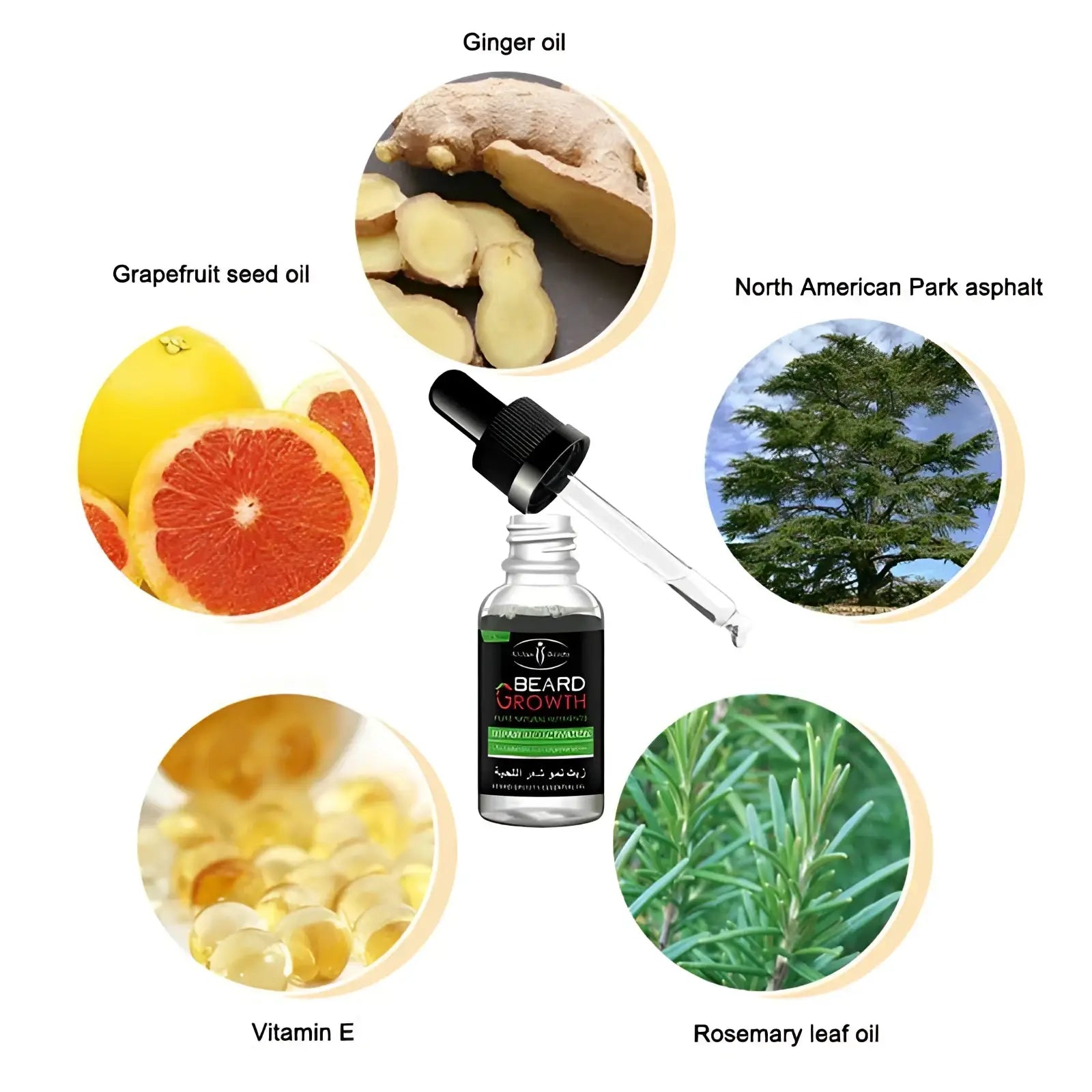 A clear glass dropper bottle with black cap labeled beard growth oil for natural repair and nourishing care