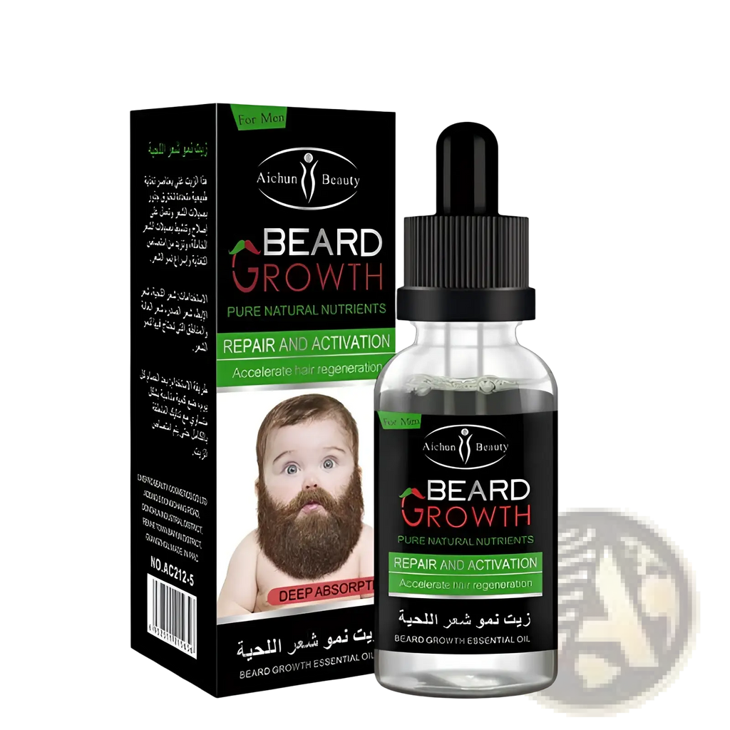 Aichun beauty beard growth essential oil in a clear glass dropper bottle with black cap for natural repair and activation