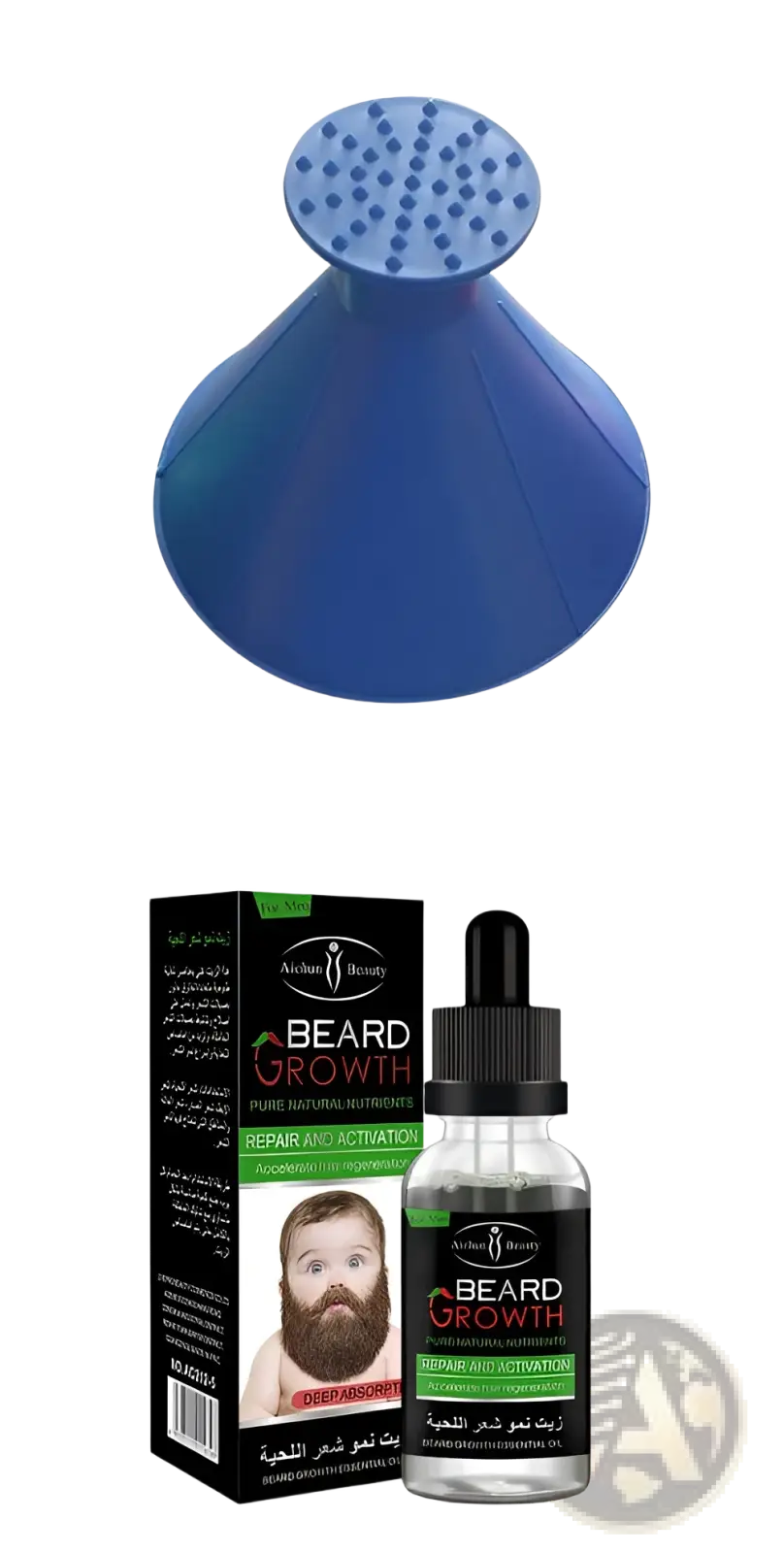 Blue silicone beard growth massager with textured top surface for natural repair and nourishing care