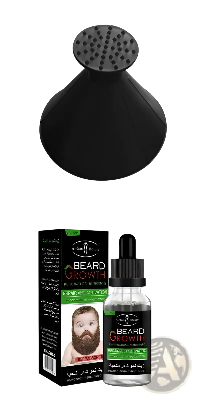 Black silicone beard growth massager with textured circular head for natural repair and nourishing care