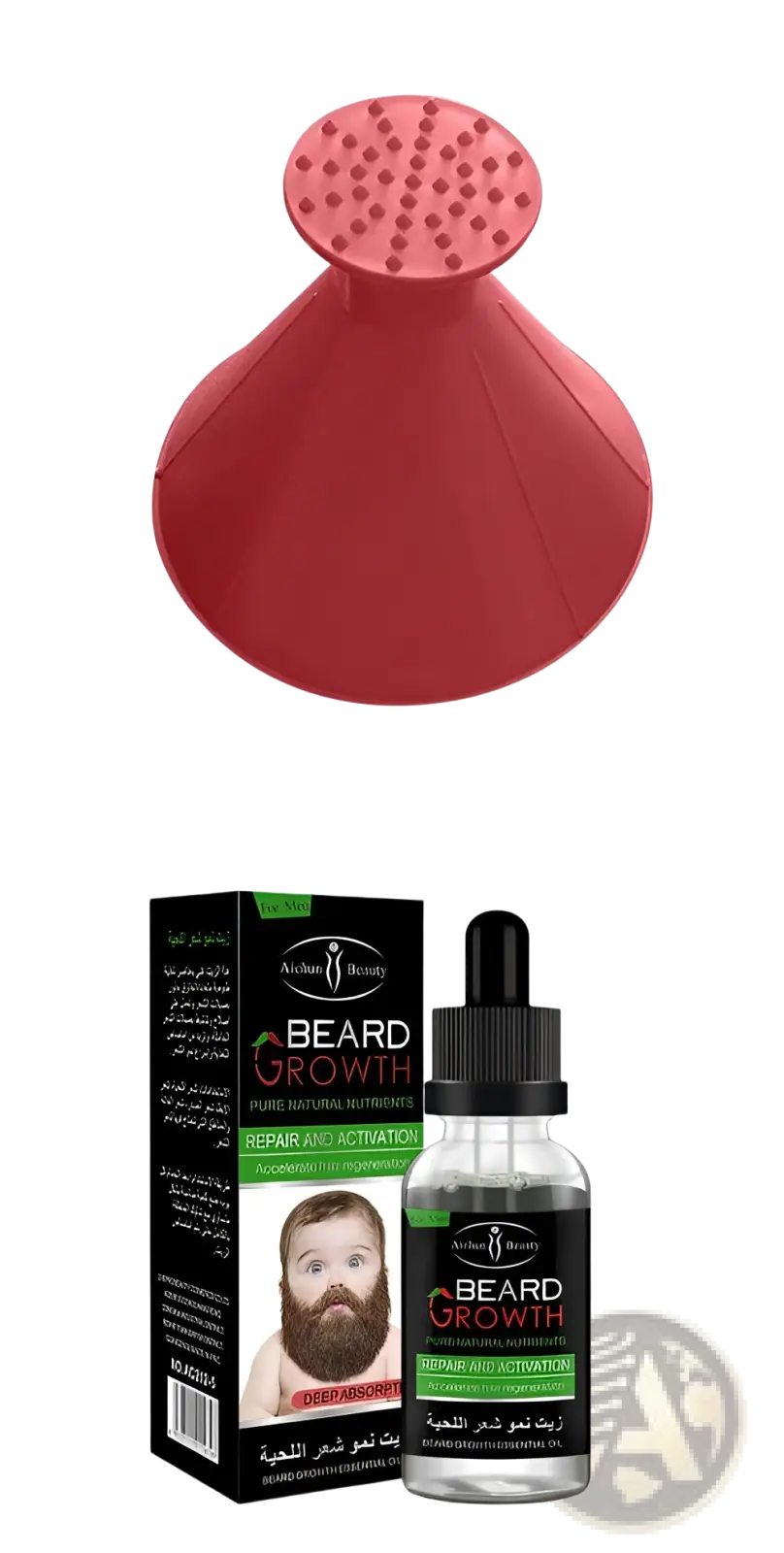 Red silicone beard growth oil applicator with textured top surface for natural repair and nourishing care