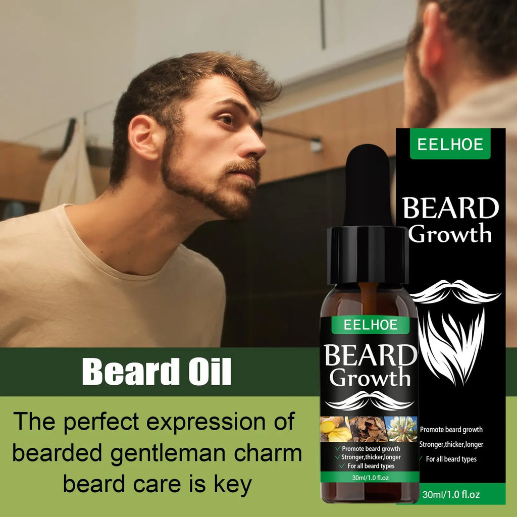 Eelhoe beard growth oil serum in a black dropper bottle with white green label for thicker stronger beard growth