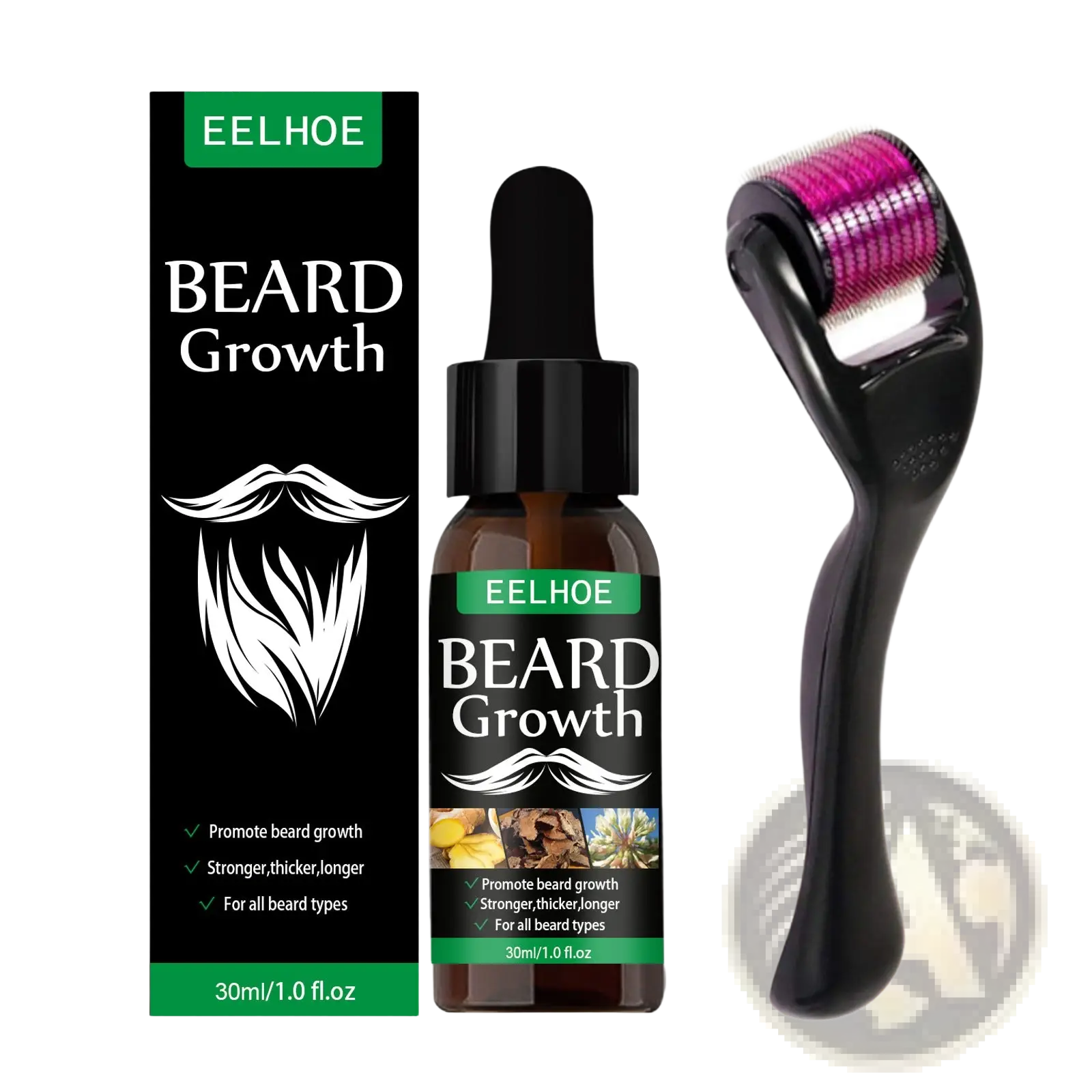 Black eelhoe beard growth serum in 30ml amber glass dropper bottle with green label and black derma roller kit