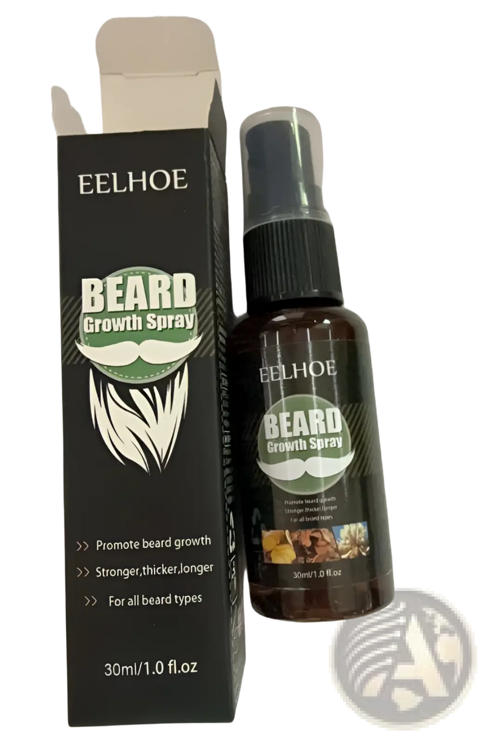 Eelhoe beard growth oil serum in dark brown glass bottle with black cap and packaging featuring white mustache graphics