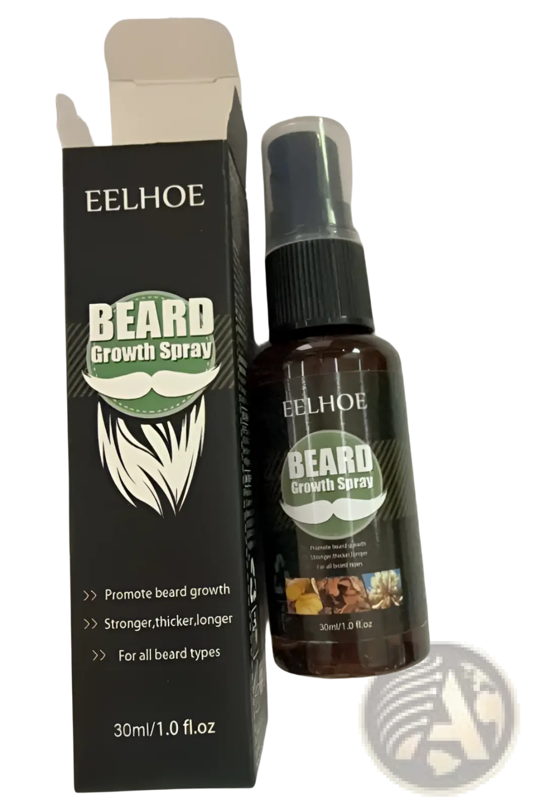 Eelhoe beard growth oil serum in dark brown glass bottle with black cap and packaging featuring white mustache graphics