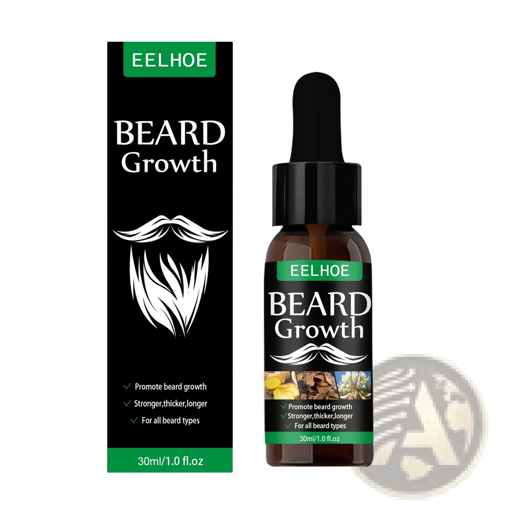 Eelhoe beard growth oil serum in a 40ml dark amber glass bottle with black dropper and green label with white text