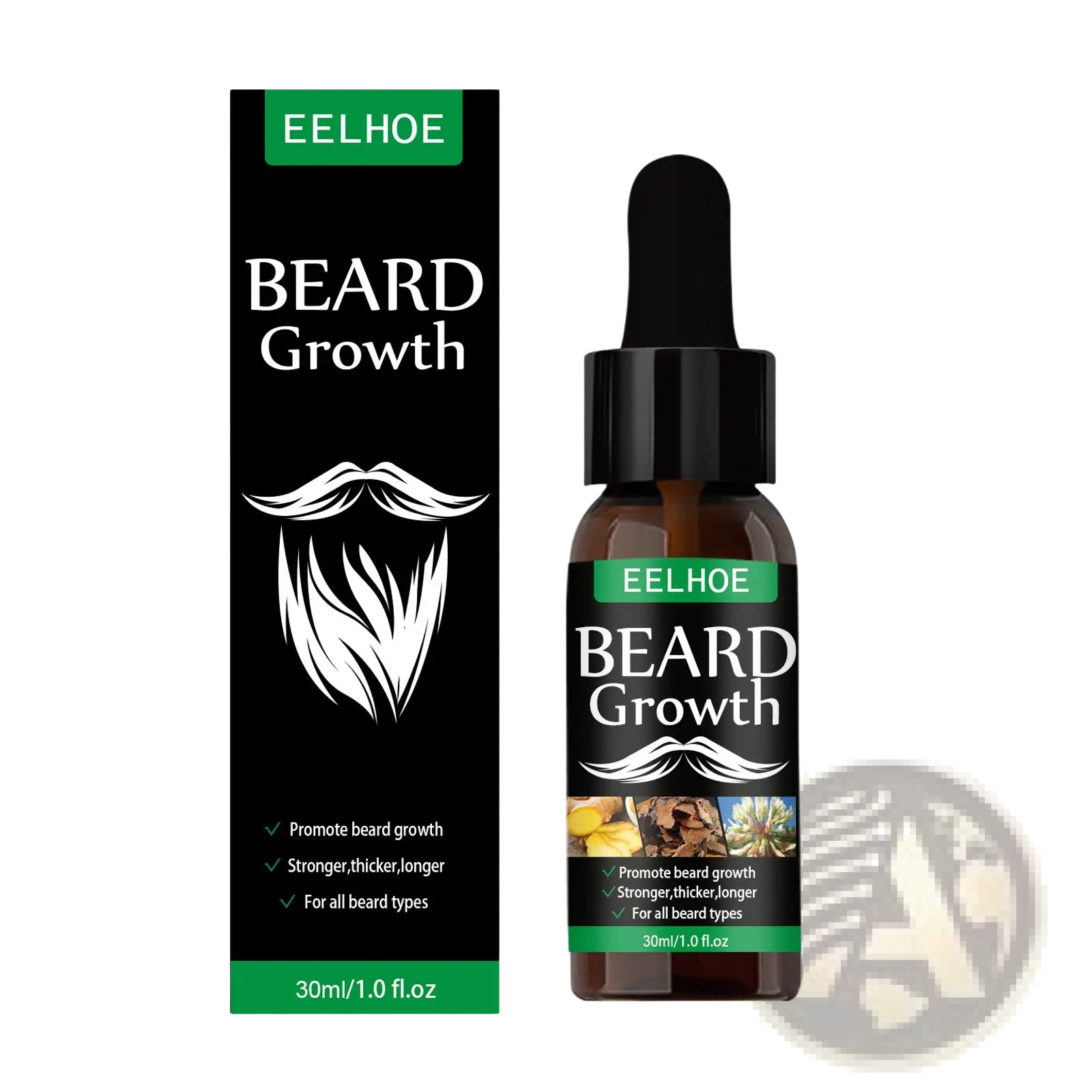 Eelhoe beard growth oil serum in a 40ml dark amber glass bottle with black dropper and green label with white text