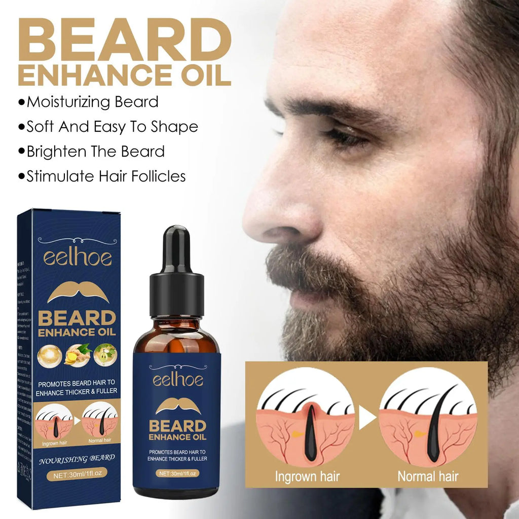 Eelhoe beard growth serum root strengthening oil in dark amber glass bottle with black dropper and blue packaging