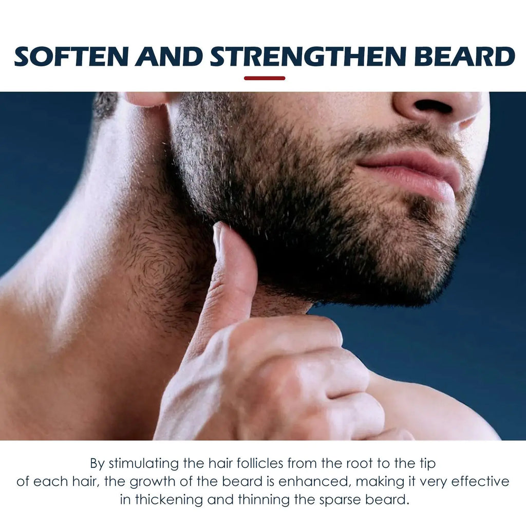 A man with a dark well-groomed beard and jawline stubble using beard growth serum Eelhoe root strengthening oil 50ml