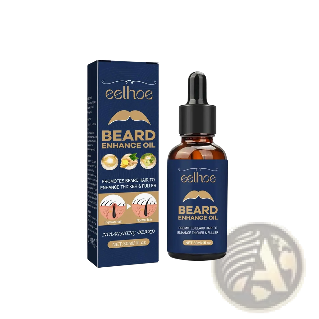 Eelhoe beard growth serum root strengthening oil in dark amber glass bottle with black dropper and navy blue packaging