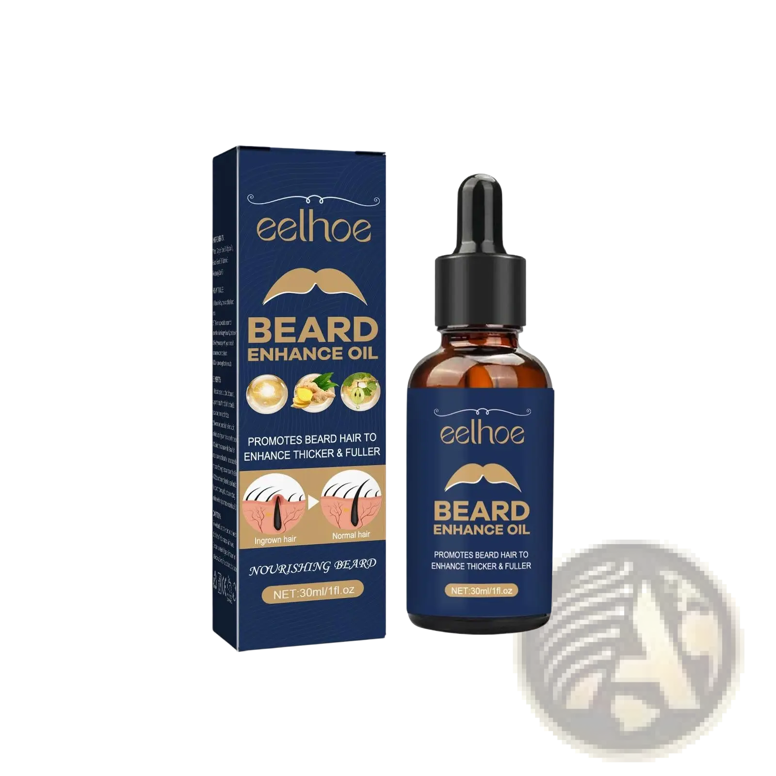 Eelhoe beard growth serum root strengthening oil in dark amber glass bottle with black dropper and navy blue packaging