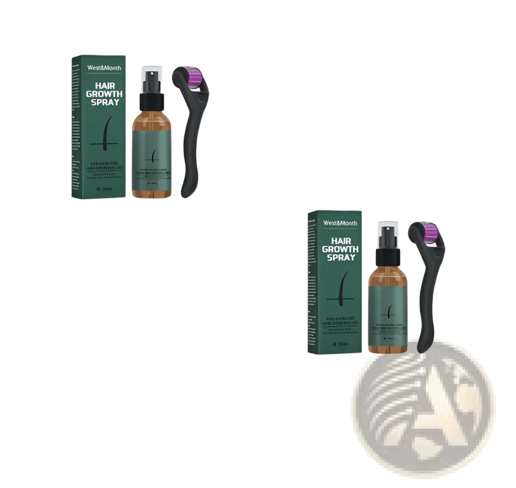 West&month beard growth spray in amber glass bottle with black nozzle paired with black dermaroller featuring purple roller