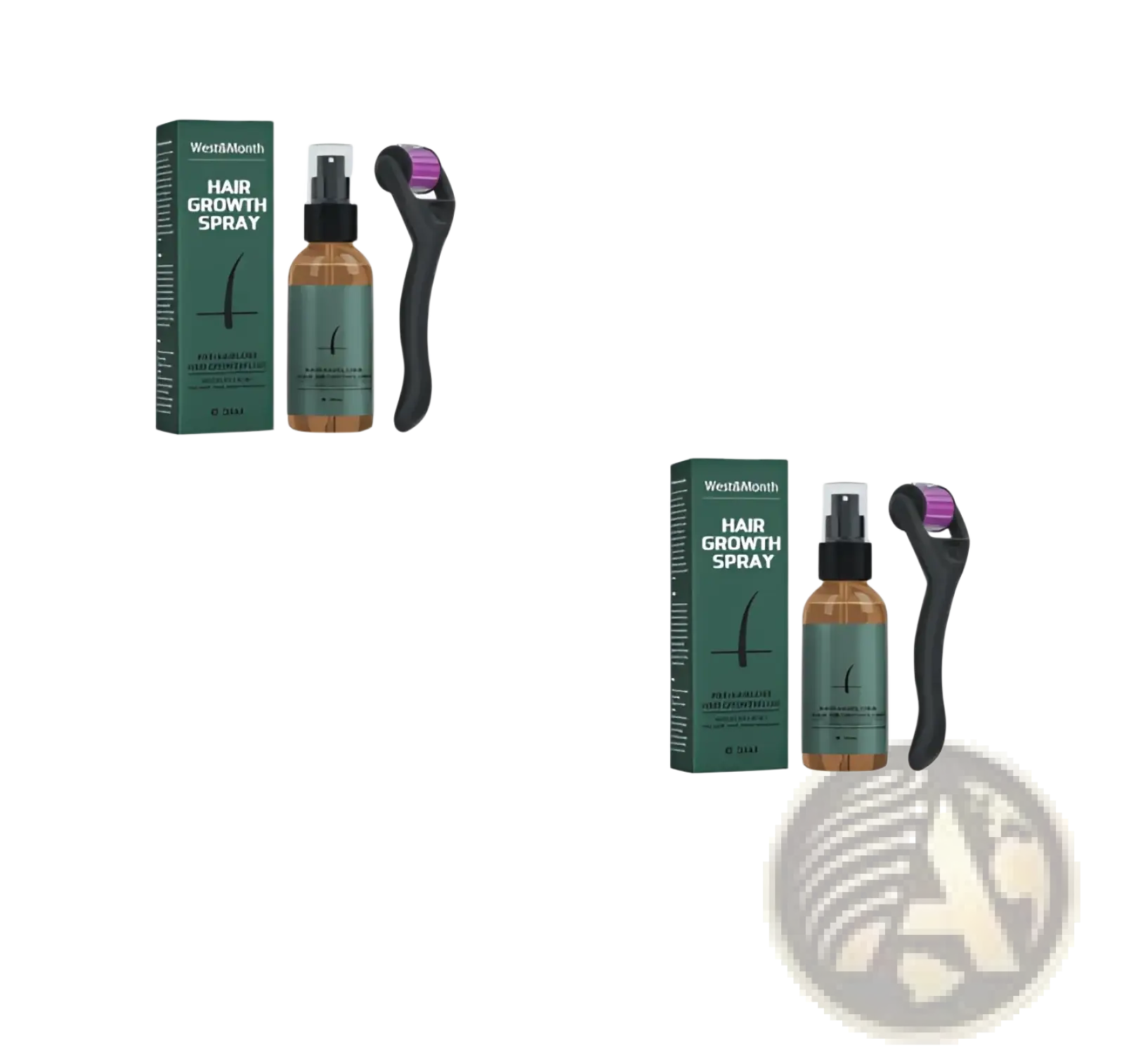 West&month beard growth spray in amber glass bottle with black nozzle paired with black dermaroller featuring purple roller