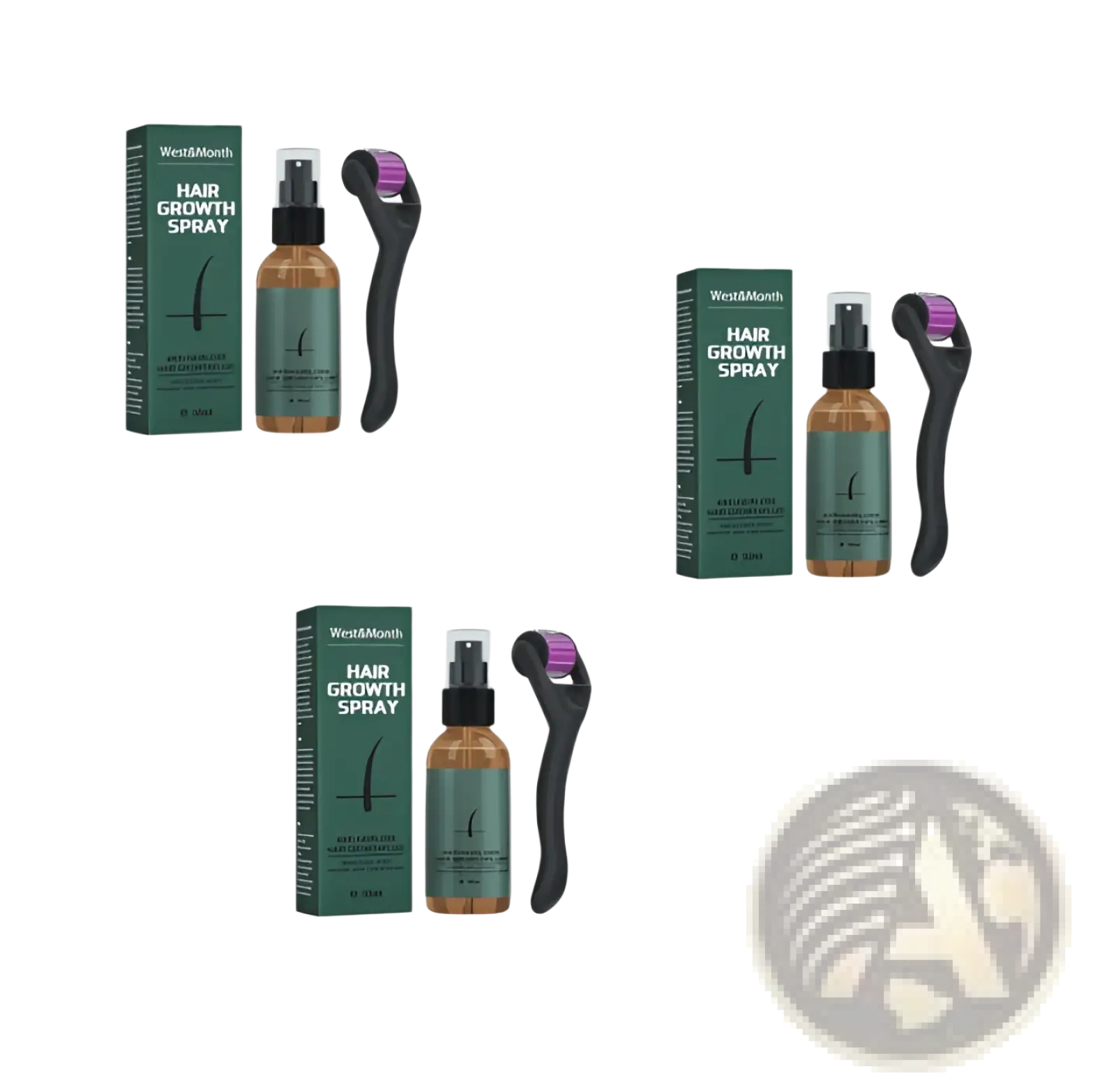 West and month beard growth spray in amber glass bottle with black nozzle and black dermaroller with purple roller