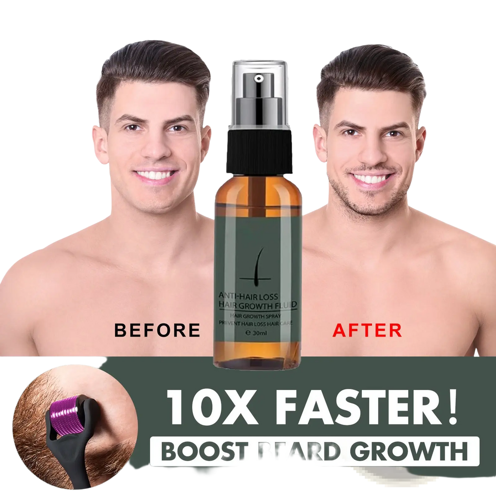 Amber-colored glass beard growth spray bottle with black spray nozzle and silver cap labeled anti-hair loss fluid