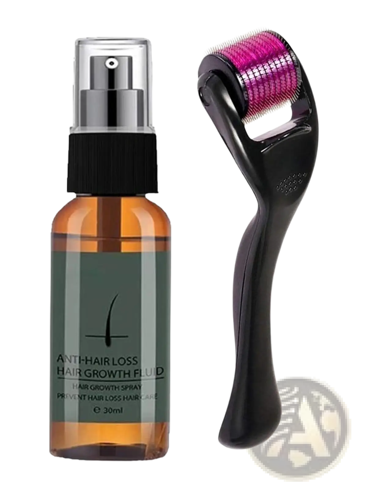 Amber glass bottle with black spray nozzle and dark green label for antihair loss beard growth fluid 30ml kit
