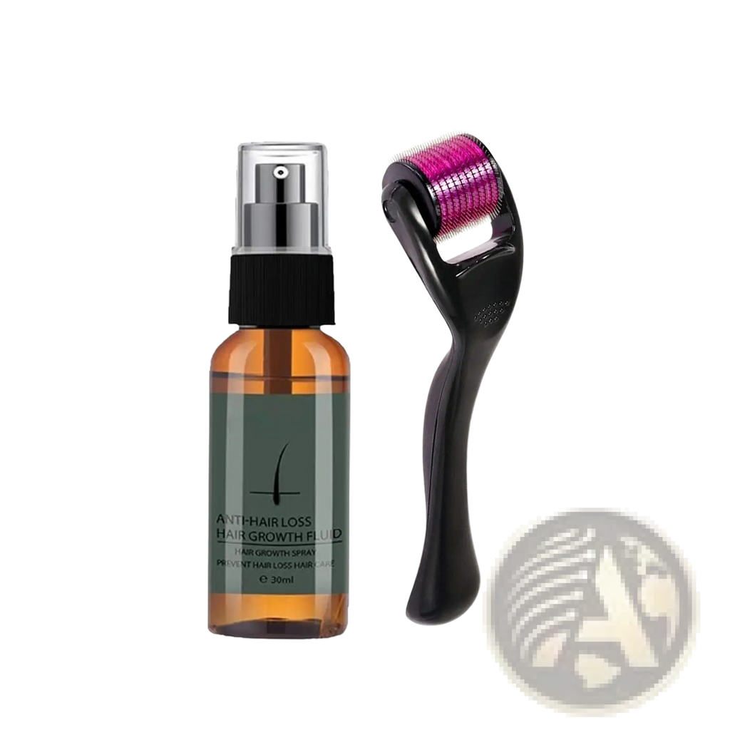 Amber glass beard growth spray bottle with black spray nozzle and black derma roller with pink metallic needles kit 30ml