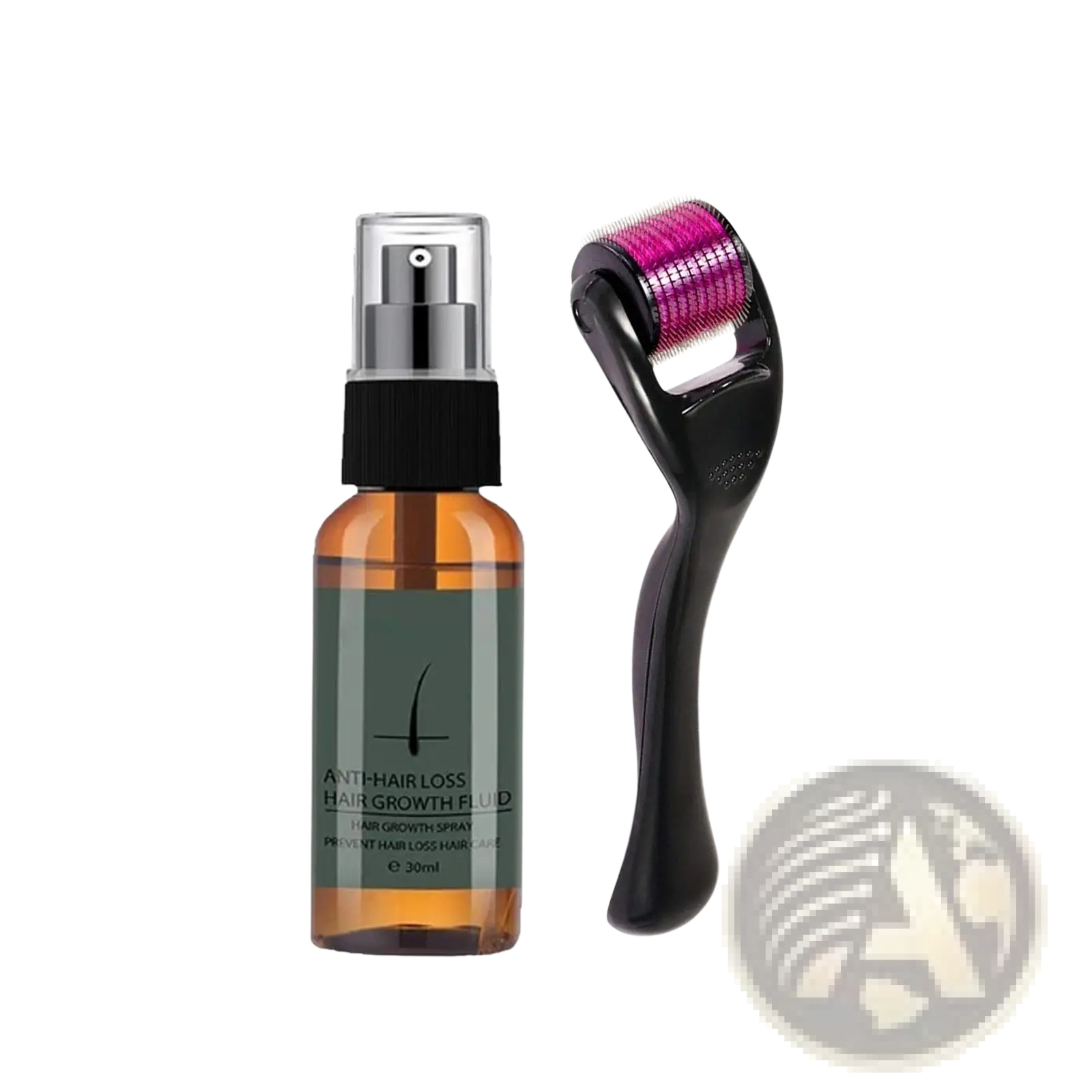 Amber glass beard growth spray bottle with black spray nozzle and black derma roller with pink metallic needles kit 30ml