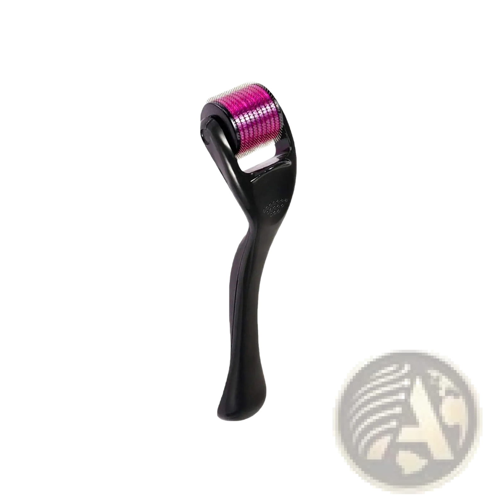 Derma roller with black handle and vibrant pink textured head included in beard growth spray and derma roller kit 30ml