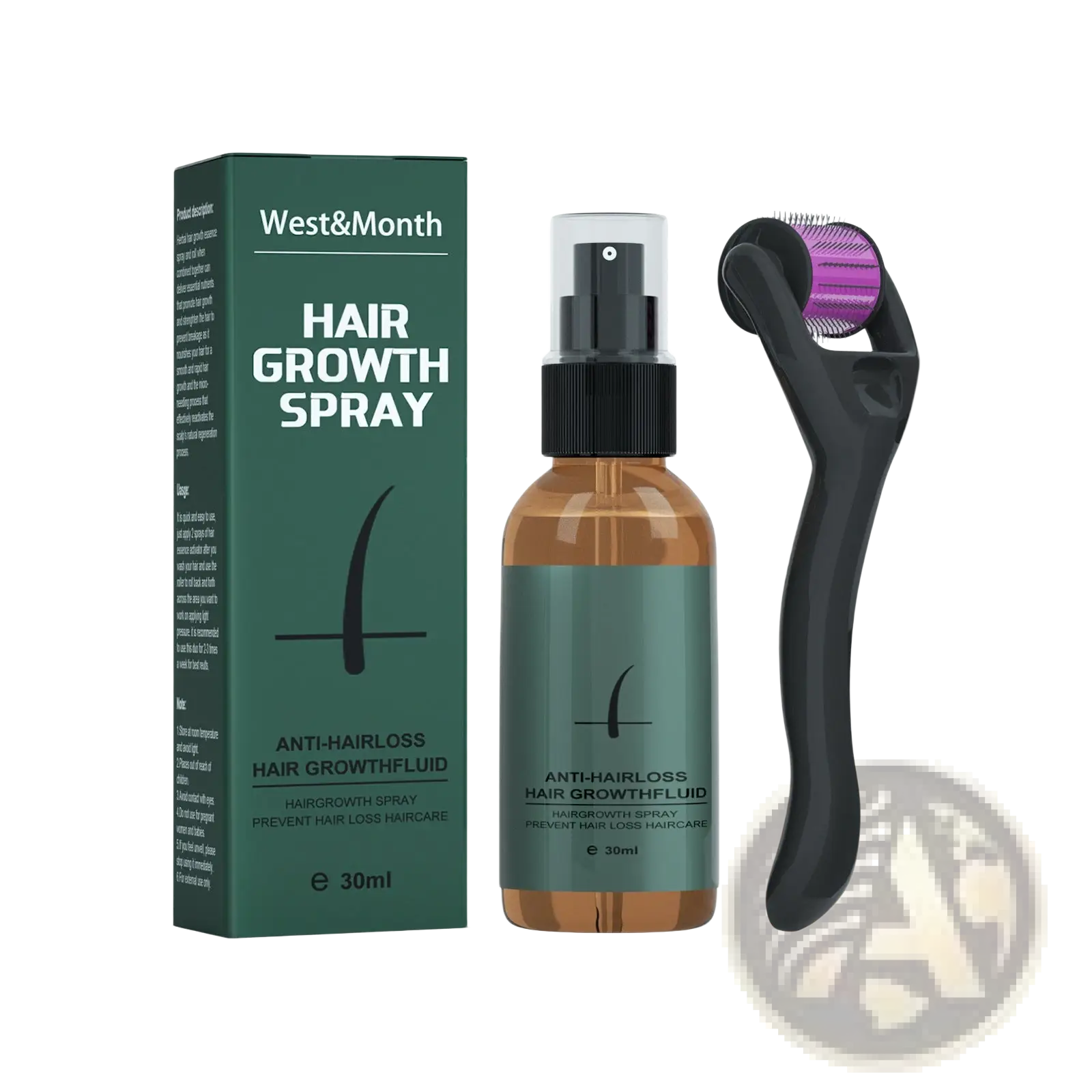 Beard growth spray and derma roller kit with 30ml amber glass spray bottle and purple-tipped dermaroller for hair loss