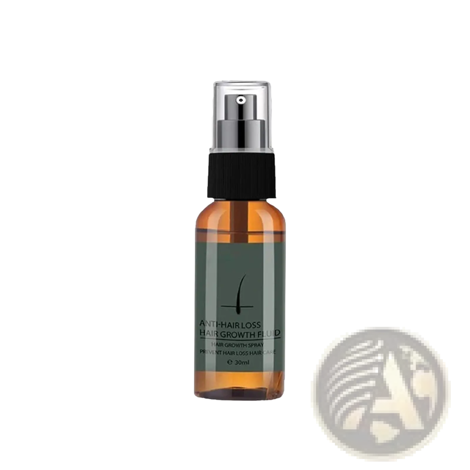 A sleek amber glass beard growth spray bottle with black spray nozzle and silver cap for anti-hair loss use