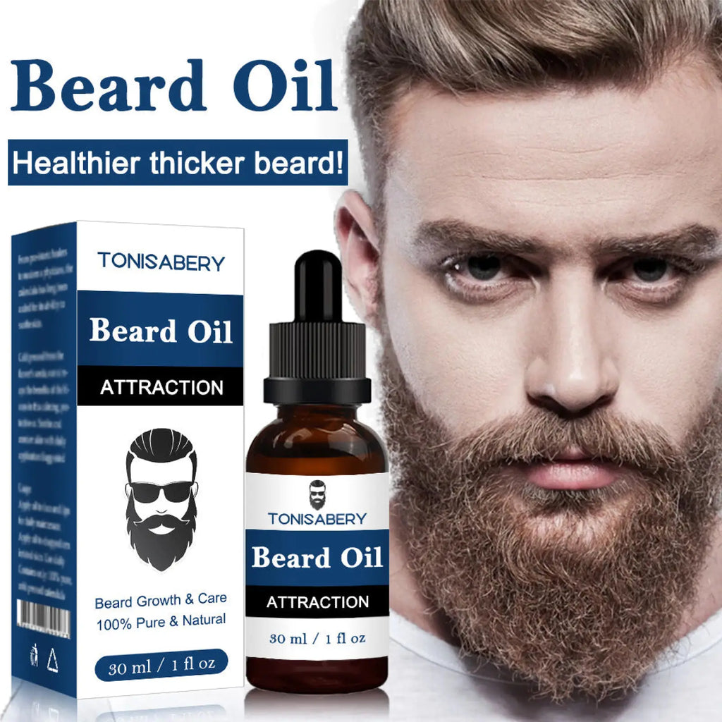 Tonisabery beard oil in a dark amber glass bottle with black dropper for skin softening and hydrating 30ml labeled attraction