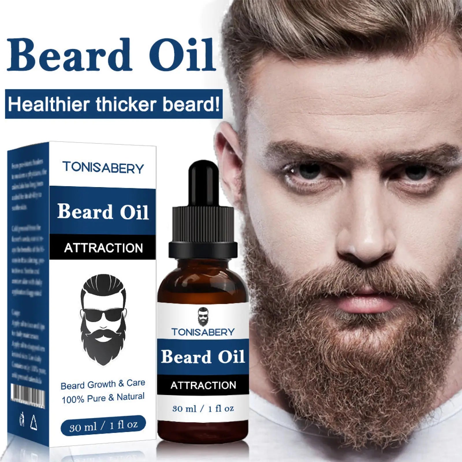 Tonisabery beard oil in a dark amber glass bottle with black dropper for skin softening and hydrating 30ml labeled attraction
