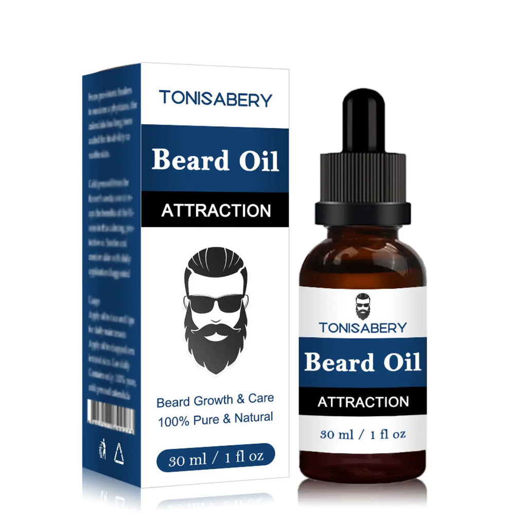 Tonisabery beard oil in 30 ml amber glass bottle with black dropper and blue white box for skin softening hydrating