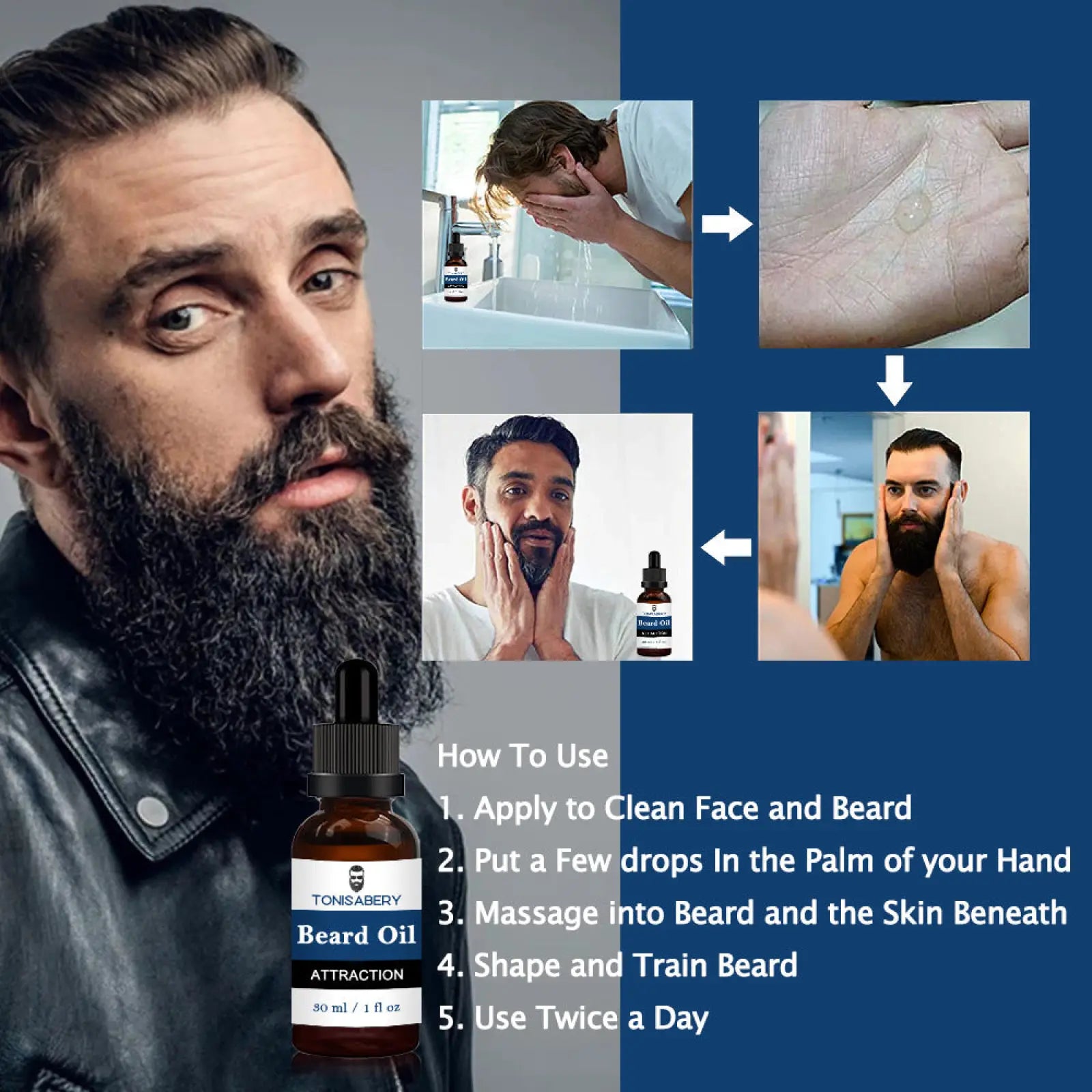 A dark amber glass bottle of tonsabery beard oil with black dropper for skin softening and hydrating 50 ml