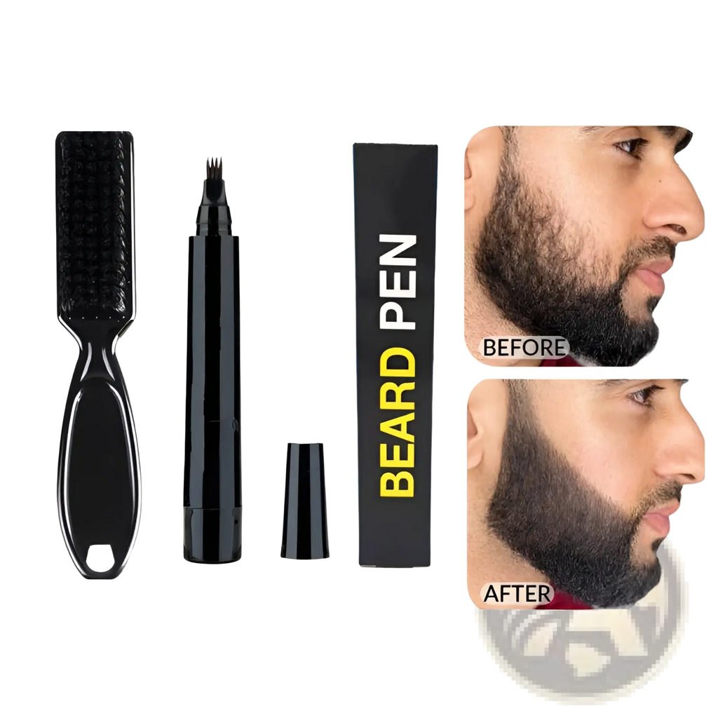 Black beard pen with matching brush and cap in a sleek black box labeled beard pen for men grooming set